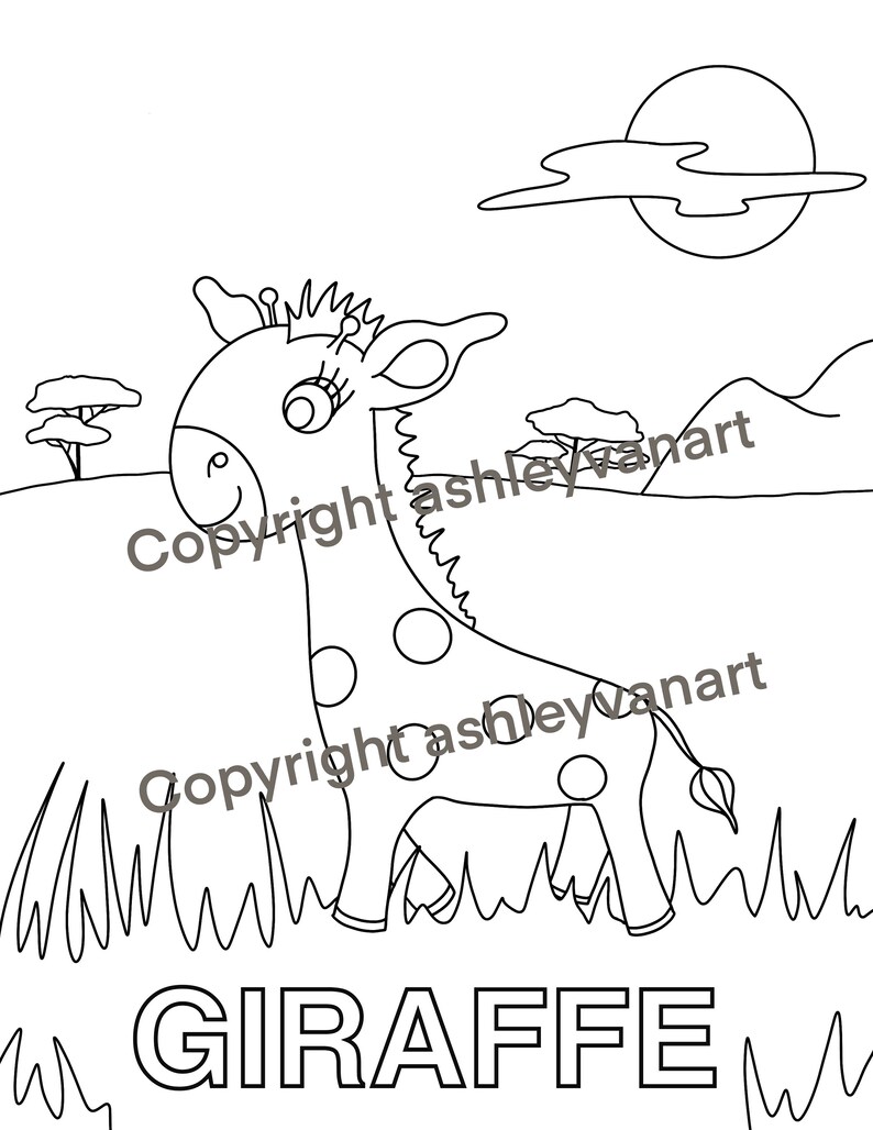 May include: Black and white line drawing of a giraffe with spots, set in a grassy landscape. The word "GIRAFFE" is printed in block letters. A sun and clouds are in the background.