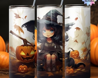 Lindo envoltorio para vaso de bruja, diseño de sublimación para vaso delgado de 20 oz, descarga digital PNG, diseño de envoltorio para vaso de Halloween de bruja, bruja PNG