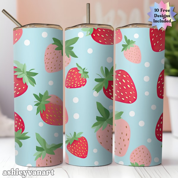 Strawberry Tumbler Wrap Design Seamless 20 oz Skinny Tumbler Sublimation Design Digital PNG Pastel Fruit Télécharger Tumbler Wrap Design Berry