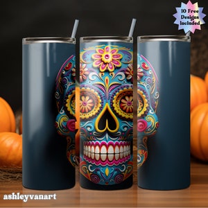 3D Sugar Skull Tumbler Wrap Sugar Skull PNG 20 oz Skinny Tumbler Sublimation Design Digital Download Instant Digital Download Tumbler Wrap