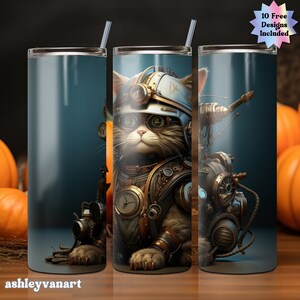 Steampunk Cat 20 oz Skinny Tumbler Sublimation Design Download PNG Instant Digital Download  Cat Tumbler Wrap Design Steampunk Tumbler
