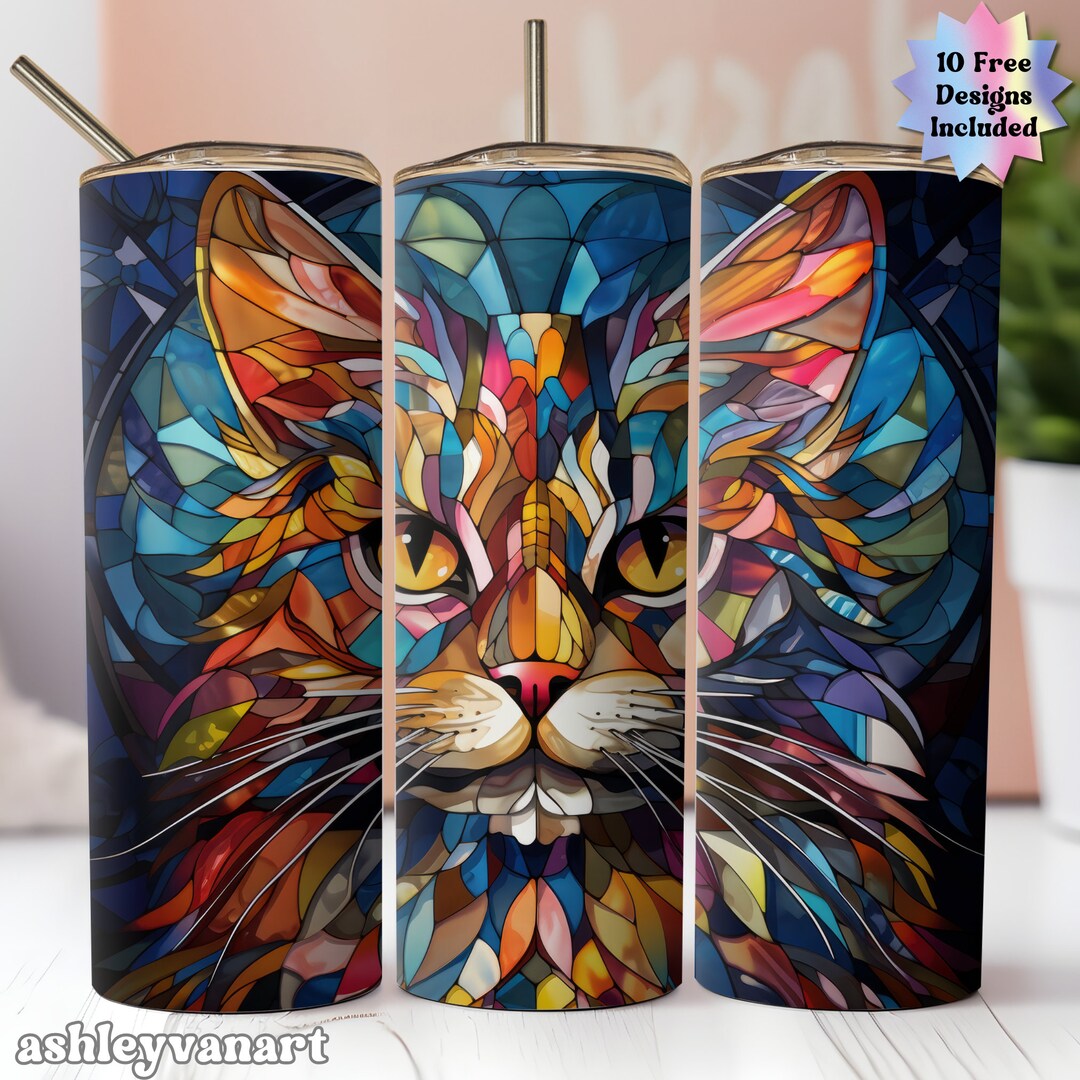 Stained Glass Cat PNG 20 Oz Skinny Tumbler Sublimation Design Digital ...