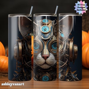 Steampunk Tumbler Wrap Cat Design 20 oz Skinny Tumbler Sublimation Design Steampunk Cat PNG Instant Digital Download Tumbler Wrap Design
