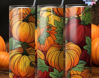 May include: Three stainless steel tumblers with a fall-themed design featuring a pattern of orange, yellow, and red pumpkins with green leaves.