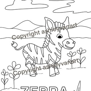 May include: Black and white line drawing of a zebra in a field with flowers and clouds. The word "ZEBRA" is written in block letters at the bottom of the image.