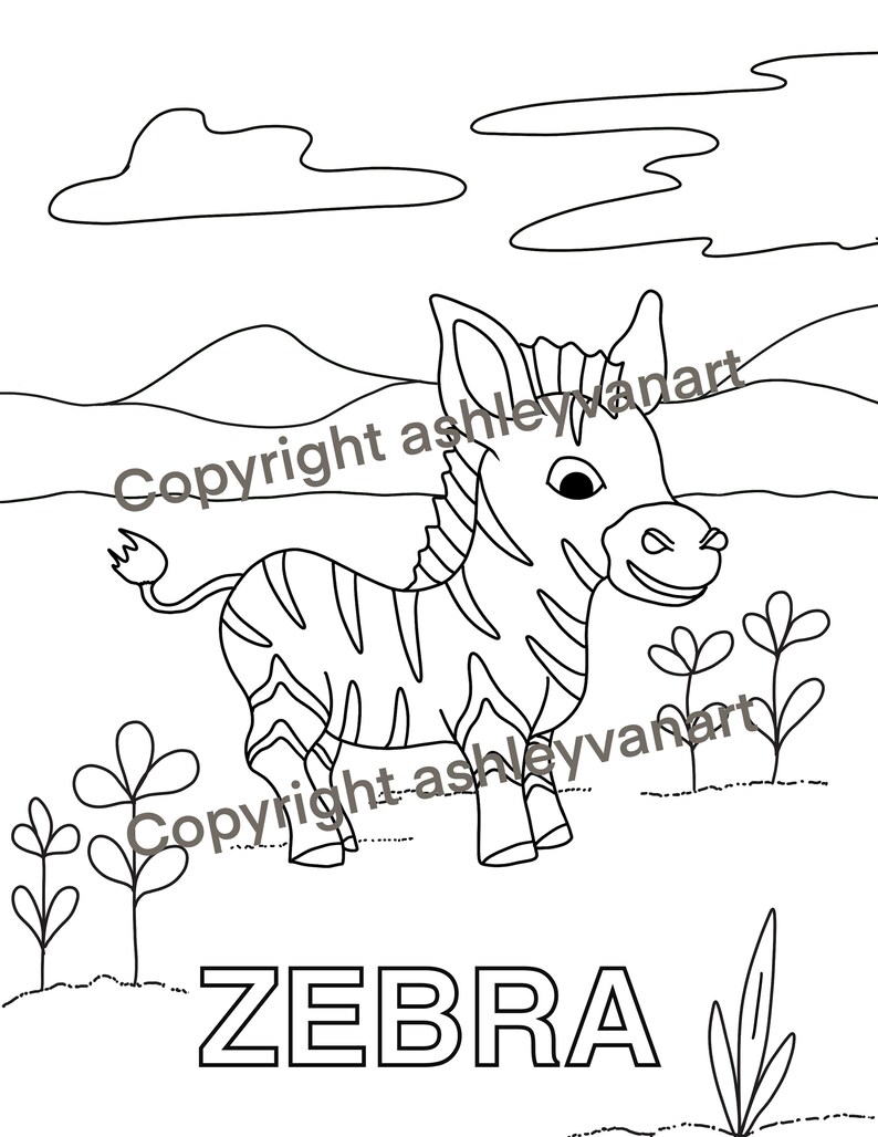 May include: Black and white line drawing of a zebra in a field with flowers and clouds. The word "ZEBRA" is written in block letters at the bottom of the image.