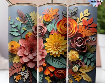 May include: A set of three 20 oz stainless steel tumblers with a floral design. The tumblers feature a blue background with a bouquet of paper flowers in shades of pink, orange, yellow, and green.