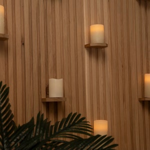 May include: A wooden wall with several small shelves holding lit candles. The shelves are mounted on the wall in a staggered pattern. A green plant is in the foreground.