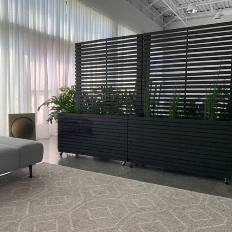 Modern slatted Planter with Trellis, horizontal lines Customer Orders Welcome Ask for pricing Black Solid Outdoor Stain image 1