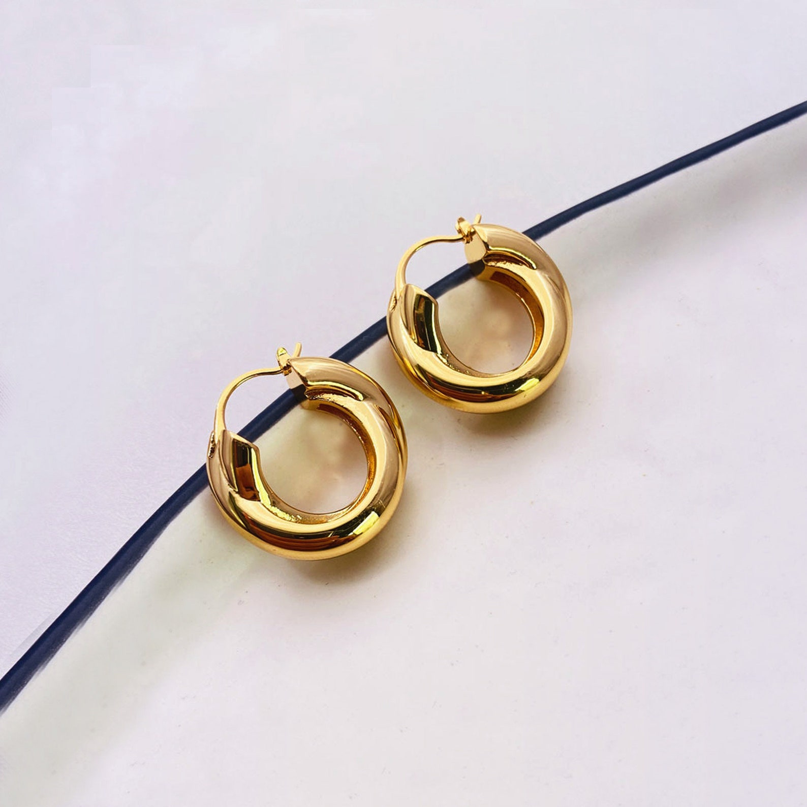 18K Gold Chunky Gold Hoop Earrings Fat Hoop Earrings Chubby Etsy