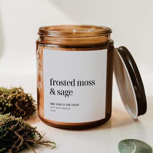Frosted Moss Sage Soy Candle, Winter Forest Scent, Minimalist Amber Jar Home Fragrance