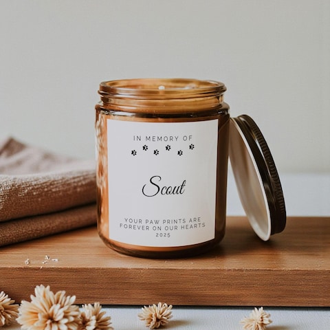 Personalized pet memorial candle with custom dog name and paw print