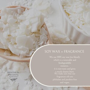 May include: Close-up of white soy wax flakes in a wooden spoon and a white bowl. The image includes text that reads "SOY WAX + FRAGRANCE" and "BREATHE IN THE LIGHT SOY WAX CANDLE". The text also states the wax is non-toxic and gives a cleaner burn.