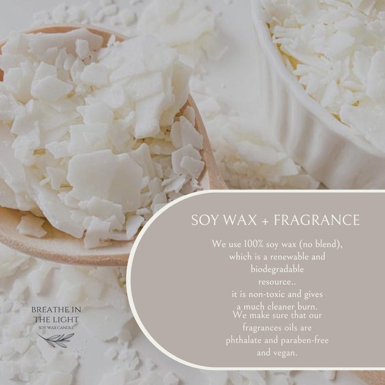 May include: Close-up of white soy wax flakes in a wooden spoon and a white bowl. The image includes text that reads "SOY WAX + FRAGRANCE" and "BREATHE IN THE LIGHT SOY WAX CANDLE". The text also states the wax is non-toxic and gives a cleaner burn.