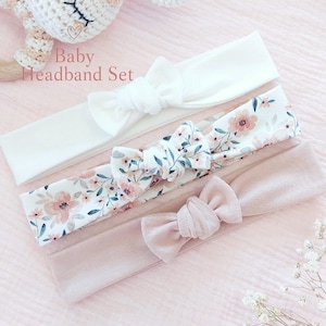 Set di 3 fasce per capelli da neonata / Jersey di cotone OEKO-TEX / Crema, floreale e rosa antico / Regalo per neonata e bambina / Regalo per baby shower