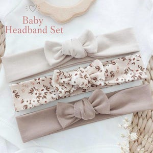 3er-Set Baby-Stirnbänder | OEKO-TEX® Baumwolljersey | Beige, Blumenmuster und Taupe | Geschenk für Neugeborene und Mädchen | Geschenk zur Babyparty