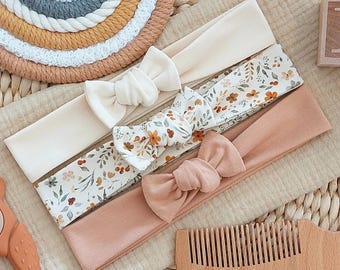 Set di 3 fasce per capelli da neonata / Jersey di cotone OEKO-TEX / Beige naturale, beige floreale e rosa antico / Regalo per neonata e bambina / Regalo per baby shower