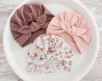 Baby Hats, Baby Turban, Mauve Hat, Floral Hat, Dusty Pink Hat, Newborn gift, Baby girl gift, Baby shower gift