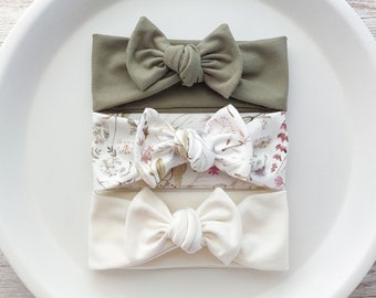 Baby Bow Headbands: Cream, Olive Green and Floral(ALL SIZES), Newborn Gift, Baby Girl Gift, Baby Shower Gift