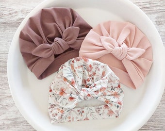 Baby Hats, Baby Turban, Mauve Hat, Floral Hat, Dusty Pink Hat, Newborn gift, Baby girl gift, Baby shower gift