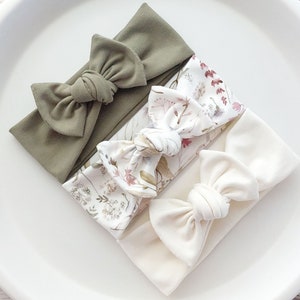 Baby Bow Headbands | OEKO-TEX Cotton Jersey | Cream, Olive Green or Floral | All Sizes | Newborn & Baby Girl Gift | Baby Shower Gift image 3