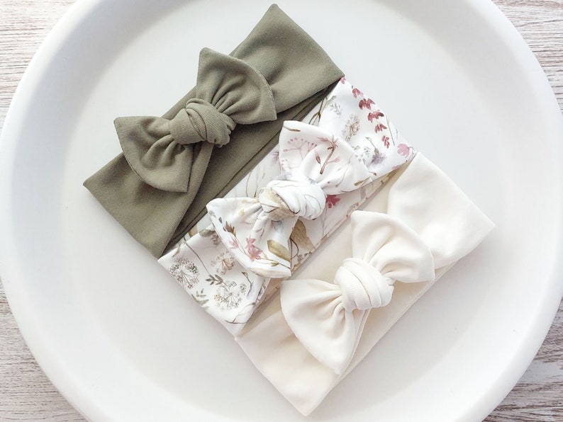 Baby Bow Headbands | OEKO-TEX Cotton Jersey | Cream, Olive Green or Floral | All Sizes | Newborn & Baby Girl Gift | Baby Shower Gift image 3
