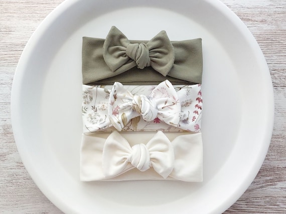 Baby Bow Headbands | OEKO-TEX Cotton Jersey | Cream, Olive Green or Floral | All Sizes | Newborn & Baby Girl Gift | Baby Shower Gift