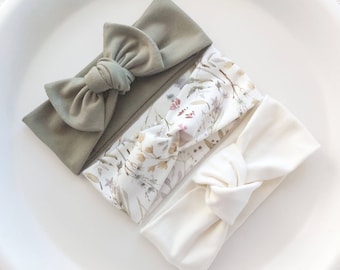 Babyhoofdbanden: Olijfgroene strikknoophoofdband, bloemengedraaide hoofdband en crèmeknoophoofdband (ALLE MATEN), babymeisje cadeau, kraamcadeau