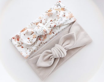 Baby Bow hoofdbanden: bloemenhoofdband, beige hoofdband (ALLE MATEN), pasgeboren cadeau, babymeisje cadeau, kraamcadeau