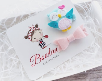 Clip per capelli per neonati e bambini, fermagli per capelli in feltro: fermaglio per capelli gufo blu, fiocco per capelli rosa, fermagli per frange, regalo neonato, regalo bambina, regalo doccia bambino