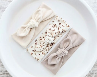 Baby Bow Headbands: Natural Beige, Floral and Dark Beige (ALL SIZES), Newborn Gift, Baby Girl Gift, Baby Shower Gift