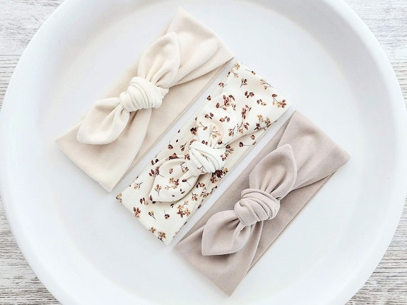 Baby Bow Headbands | OEKO-TEX Cotton Jersey | Natural Beige, Dark Beige or Floral | All Sizes | Newborn & Baby Girl Gift | Baby Shower Gift