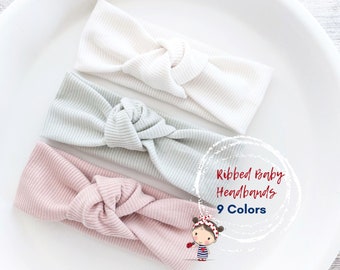 Diademas de nudo de bebé: blanco, beige, mostaza, rosa, azul, verde (TODOS LOS TAMAÑOS), diademas de algodón acanalado, regalo para recién nacidos, regalo para niñas, regalo para baby shower