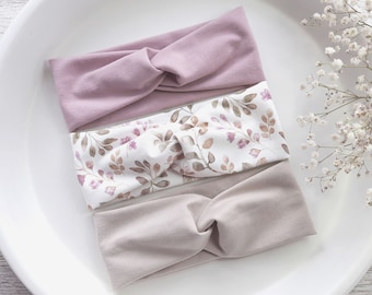 Baby Twisted Headbands: Old Pink, Floral and Beige (ALL SIZES), Newborn Gift, Baby Girl Gift, Baby Shower Gift