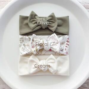 Baby Bow Headbands | OEKO-TEX Cotton Jersey | Cream, Olive Green or Floral | All Sizes | Newborn & Baby Girl Gift | Baby Shower Gift image 2