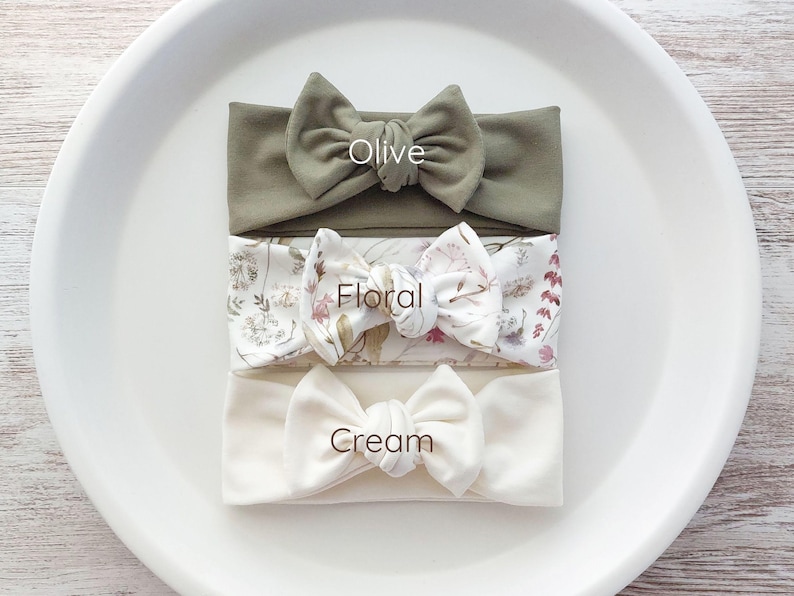 Baby Bow Headbands | OEKO-TEX Cotton Jersey | Cream, Olive Green or Floral | All Sizes | Newborn & Baby Girl Gift | Baby Shower Gift image 2