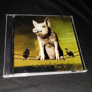 May include: A CD case with a green and yellow background featuring a white pig sitting on a wire with two black birds on either side. The pig is smiling and the birds are looking at each other.
