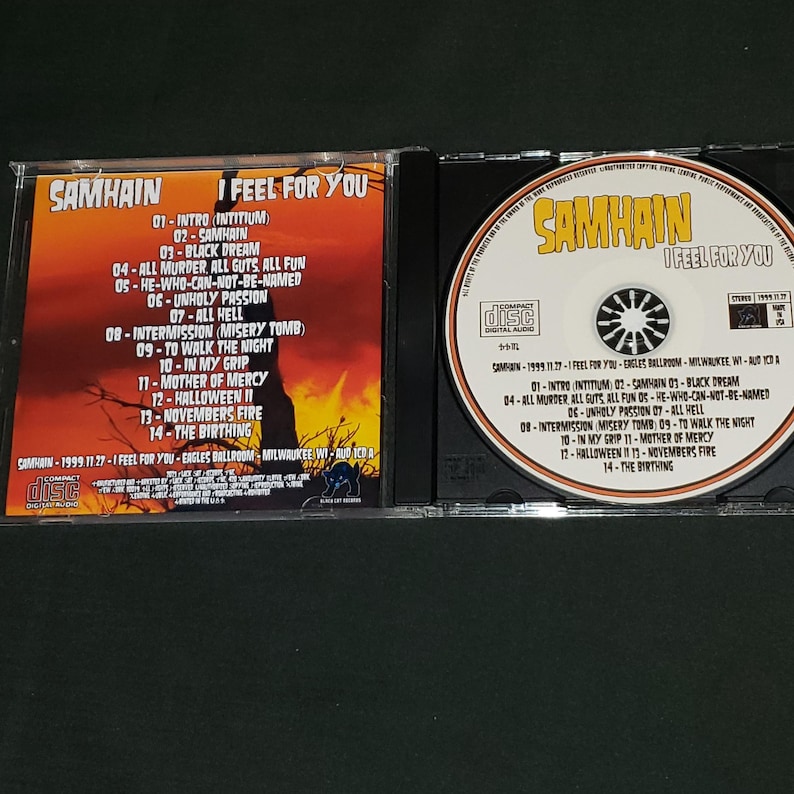 K&ouml;nnte beinhalten: Ein CD-Geh&auml;use mit einem schwarz-wei&szlig;en Bild eines Sch&auml;dels auf der Vorderseite. Das Geh&auml;use ist f&uuml;r das Album "I Feel For You" der Band Samhain. Die Tracklist ist auf der R&uuml;ckseite des Geh&auml;uses abgedruckt.