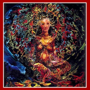 May include: A colorful, abstract painting of a woman with a crown of flowers. The woman is sitting in a meditative pose with her eyes closed. The background is a swirling mix of colors and textures.