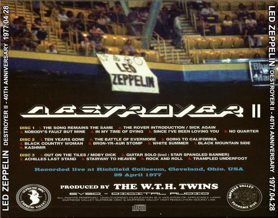 Led Zeppelin 3 CD Set Destroyer II 40th Live 1977 in