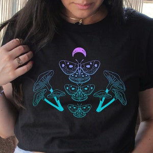 Womens Short Sleeved Butterfly and Crescent Moon T-Shirt