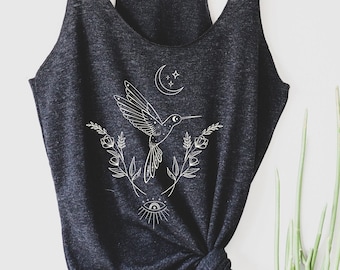 Hummingbird Tank Top, Hummingbird Top for Woman, Hummingbird Tank Top with Flowers