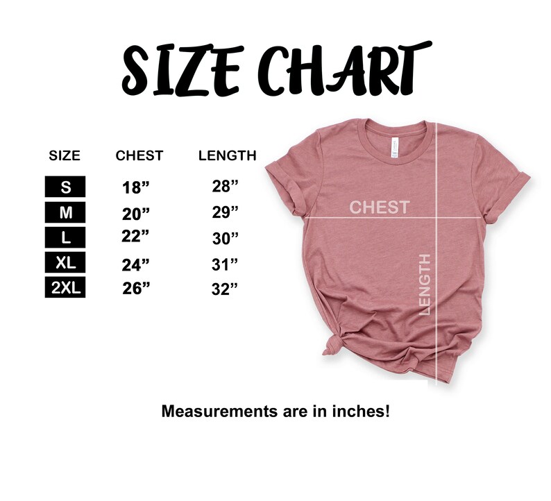Puede incluir: Tabla de tallas para una camiseta con medidas en pulgadas para el pecho y la longitud. Las tallas incluyen S, M, L, XL y 2XL.