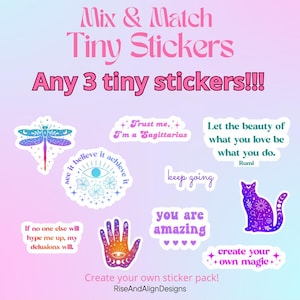 Könnte beinhalten: Ein Set mit 9 bunten Aufklebern mit verschiedenen Designs und Zitaten. Die Aufkleber zeigen eine Libelle, ein Auge mit Blumen, eine Hand mit himmlischen Symbolen, eine Katze mit Sternen, ein Zitat über Schönheit, ein Zitat über das Vertrauen in sich selbst, ein Zitat über das Erstaunlichsein und ein Zitat über das Erschaffen eigener Magie. Die Aufkleber sind perfekt, um Laptops, Wasserflaschen, Tagebüchern und vielem mehr eine persönliche Note zu verleihen.