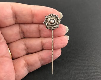 Antique Victorian repousse silver topped stick pin