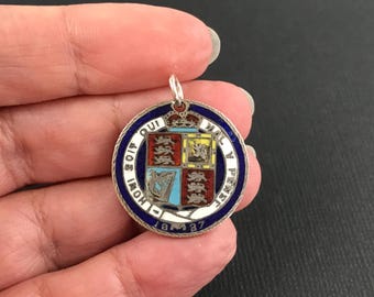 Antique Victorian 925 sterling silver enamelled 1887 Queen Victoria Jubilee souvenir coin charm, pendant or fob