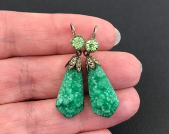Antique or early vintage Art Deco pressed green glass floral earrings