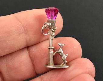 Vintage sterling silver dog chasing a cat up a lamppost bracelet charm with glass bead