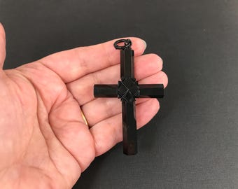 Antique Victorian hand carved Whitby Jet mourning cross pendant