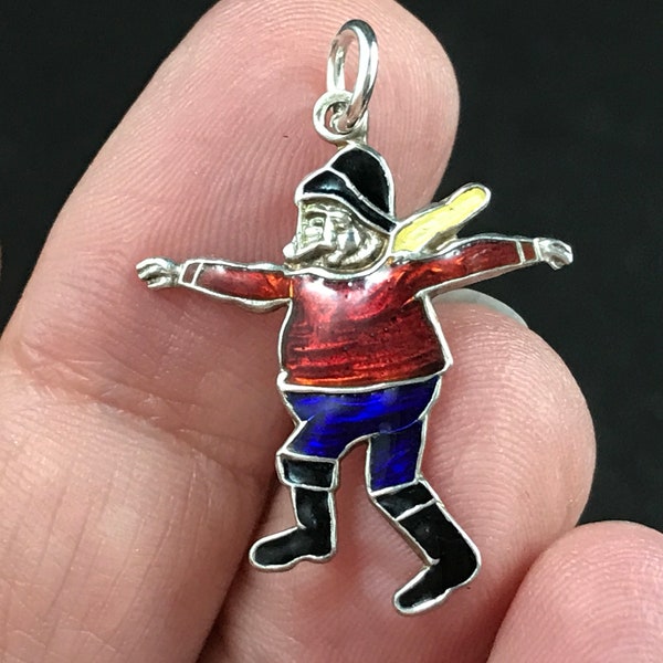 Vintage c1960s 925 sterling silver THOMAS L MOTT Skegness Jolly Fisherman enamel charm, signed TLM, souvenir charm